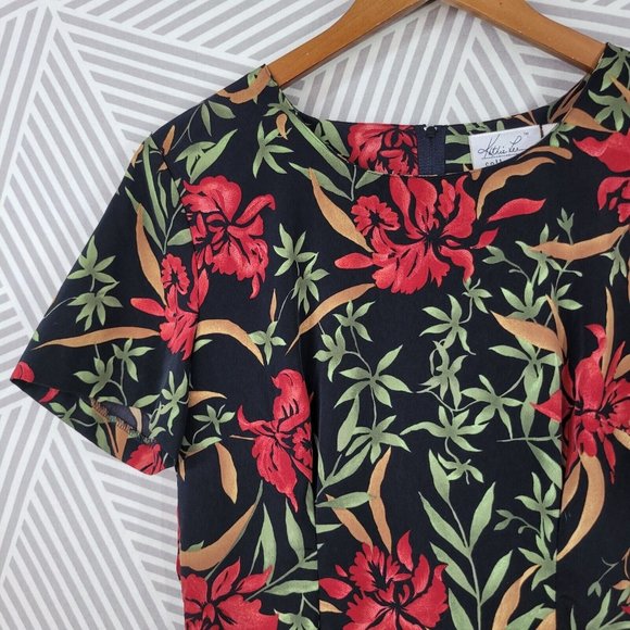 Vintage 90s Kathy Lee Tropical Sheath Dress size Medium unlined Red Knee Length - Picture 4 of 6